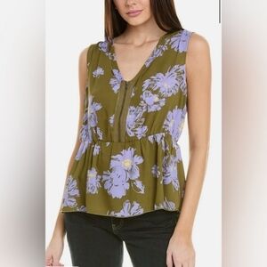 Cabi Olive & Blue Floral Sleeveless Blouse Zip Front